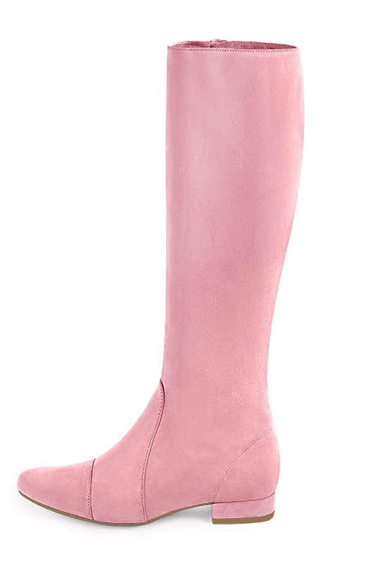 Carnation pink women's feminine knee-high boots. Round toe. Flat block heels. Made to measure. Profile view - Florence KOOIJMAN